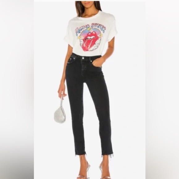 AGOLDE black distressed mid rise stretch straight leg jeans w/ raw cut out cuffs - Picture 1 of 16